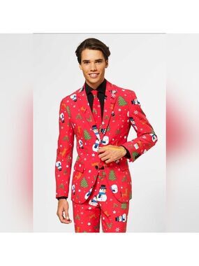 Oppo Suit Red Mens Christmas Suit Snowman Tree Reindeer Holly 3 Piece Suit New